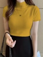 Women'S Slim Fit Short Sleeve Sweater - High Elasticity Round Neck Fish Tail Hem, 100% Polyester Solid Color Top For All-Season Layering & Casual To Formal Wear - Image 6