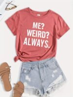 Always Weird Print T-Shirt, Short Sleeve Crew Neck Casual Top For Summer & Spring, Women'S Clothing - Image 3