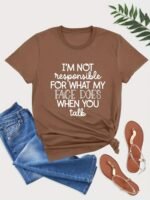 Plus Size Casual Tee, Women'S Plus Letter Print Short Sleeve Round Neck Slight Stretch T-Shirt - Image 3