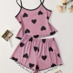Summer Women'S Suspender Shorts Black Heart Print Pajama Set