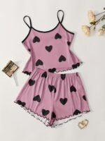 Summer Women'S Suspender Shorts Black Heart Print Pajama Set