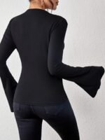 Solid Color Crew Neck T-Shirt, Casual Flare Sleeve T-Shirt For Spring & Fall, Women'S Clothing - Image 5