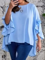 Plus Size Ruffle Sleeve Blouse, Casual Crew Neck Asymmetrical Hem Blouse For Spring, Women'S Plus Size?Clothing - Image 9