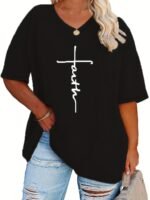 Plus Size - Women'S Plus Size V-Neck Casual T-Shirt - Short Sleeve, White With Black Letter Print, Lightweight Summer Tee For Casual Attire, Ladies T Shirts - Image 4