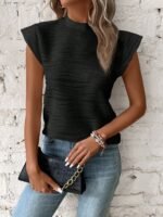 Textured Mock Neck T-Shirt, Elegant Cap Sleeve Top For Spring & Summer, Women'S Clothing - Image 2