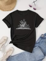 Book & Floral Print Crew Neck T-Shirt, Casual Short Sleeve T-Shirt For Spring & Summer, Women'S Clothing - Image 6