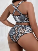 Plus Size Leopard Print Lingerie Set - Sexy Strapless Bra & High-Waisted Panties With "Love" Text, Stretchy Polyester Blend, Black & Brown Camouflage Pattern, Perfect For Adults, Adult Lingerie|Bold Pattern Lingerie|Stretchy Fabric - Image 2