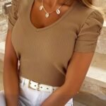 Solid Ribbed V Neck T-Shirt, Casual Puff Sleeve T-Shirt For Spring & Summer, Women'S Clothing