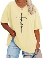 Plus Size - Women'S Plus Size V-Neck Casual T-Shirt - Short Sleeve, White With Black Letter Print, Lightweight Summer Tee For Casual Attire, Ladies T Shirts - Image 9
