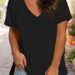 Women'S Plus Size V-Neck Short Sleeve T-Shirt - Soft Breathable Casual Top, Relaxed Fit Solid Color, Machine Washable All-Season Versatile Tee, Ladies T Shirts, Everyday Comfort Apparel, Vneck Tee, Comfortable Fabric, Durable Casualwear