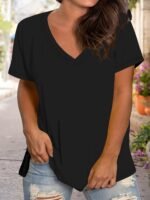 Women'S Plus Size V-Neck Short Sleeve T-Shirt - Soft Breathable Casual Top, Relaxed Fit Solid Color, Machine Washable All-Season Versatile Tee, Ladies T Shirts, Everyday Comfort Apparel, Vneck Tee, Comfortable Fabric, Durable Casualwear