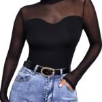 Mesh Panel Mock Neck T-Shirt, Casual Long Sleeve Top, Women'S Clothing