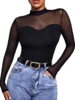 Mesh Panel Mock Neck T-Shirt, Casual Long Sleeve Top, Women'S Clothing