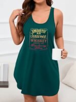 Plus Size Casual Lounge Dress, Women'S Plus Ombre Letter Print Racer Back Round Hem Tank Sleep Dress - Image 2