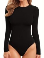 Solid Crew Neck Skinny Bodysuit, Casual Long Sleeve Bodysuit, Women'S Clothing
