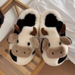 Women'S Cartoon Cute Cow House Slippers, Warm Plush Lined Closed Toe Fuzzy Home Slides, Women'S Comfy Indoor Shoes - Image 2