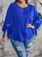 Plus Size Casual Top, Women'S Plus Solid Lantern Sleeve Round Neck Round Hem Knot Tunic Top - Image 5