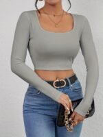 Squared Neck Cropped T-Shirt, Casual Long Sleeve Solid T-Shirt, Women'S Clothing - Image 3