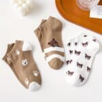 5-Pair Women'S Ankle Socks - Cute Bear Face & Paw Prints, Lightweight Breathable Everyday Socks For Spring/Summer, Brown Beige & Colors, Casual Outfits & Themed Events - Perfect Gift For Anime Fans, Seasonal Footwear, Playful Design, Comfortable Fit, Kawaii Lovers - Image 4