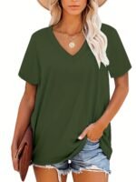 Plus Size, Plus Size Women'S V-Neck Short Sleeve T-Shirt - Elegant Casual Chic White Top, Soft Breathable Fabric, Machine Washable, All-Season Versatile Wardrobe Staple, Everyday Comfort, Vneck Tee, Relaxed Fit Shirt - Image 10