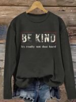 Be Kind Print T-Shirt, Casual Crew Neck Long Sleeve Top For Spring & Fall, Women'S Clothing - Image 4