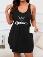Plus Size Women'S Sleeveless Tank Nightgown - Black Queen Letter & Crown Graphic Print, All-Season Machine Washable Casual Sleepwear For Lounge & Relaxation, Playful Print, Soft Material, Comfortable Fit, Home Relaxation, Breathable Fabric, Adult Sleepwear - Image 4