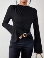 Solid Color Crew Neck T-Shirt, Casual Flare Sleeve T-Shirt For Spring & Fall, Women'S Clothing