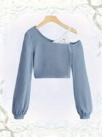 Elegant Light Blue Off-Shoulder Lace Trim T-Shirt - Floral Print, Long Sleeve, Ribbed Texture, Machine Washable - Chic Spring & Autumn Women'S Top - Image 4