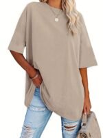 Plus Size Basic T-Shirt, Women'S Plus Plain Short Sleeve Round Neck Medium Stretch T-Shirt - Image 3
