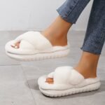 Women'S Platform Fuzzy House Slippers, Open Toe Criss Cross Solid Color Casual Home Slides, Women'S Indoor Flat Comfy Shoes - Image 8