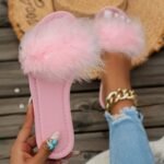 Women'S Fluffy Feather Slides, Solid Color Open Toe Single Band Flats, Casual Daily Slide Sandals - Image 2