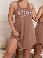 Plus Size Basic Loungewear Dress, Women'S Plus Eyelash & Letter Print Scoop Neck Racer Back Curve Hem Tank Sleep Dress - Image 10
