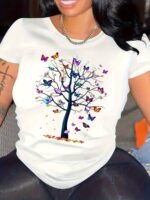 Butterfly Tree Print Crew Neck T-Shirt, Casual Short Sleeve T-Shirt For Spring & Summer, Women'S Clothing - Image 2