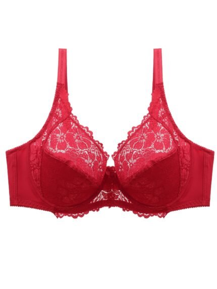 Plus Size Sexy Bra, Women'S Plus Solid Contrast Lace Floral Trim Medium Stretch Comfort Bra