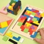 Wooden 3D Puzzle Blocks For Youngsters ? Colorful Brain Teaser Educational Toy To Enhance Creativity & Intelligence, Light Brown Wooden Base With Multi-Colored Shapes, Stem Learning Activity For Youngsters, Cognitive Development Games | Pattern Recognition Toy | Reinforced Wood Construction, Puzzles For Youngsters