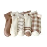 Five Pairs Women'S Cute Bear Socks - Soft Animal Pattern Short Socks In Beige, Brown, And White Stripes, Perfect For Casual Attire, Cute Socks - Image 6