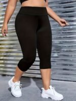 Plus Size Sports Leggings, Women'S Plus Solid Wide Waistband High Stretch Gym Yoga Capri Leggings - Image 4
