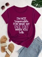 Plus Size Casual Tee, Women'S Plus Letter Print Short Sleeve Round Neck Slight Stretch T-Shirt - Image 4