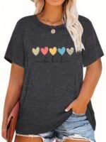 Plus Size Casual T-Shirt, Women'S Plus Heart & Slogan Print Short Sleeve Round Neck Medium Stretch T-Shirt - Image 2