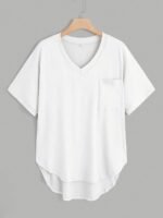 Women'S Casual Lounge Top, Plus Size Solid Short Sleeve V Neck Pocket Patched Basic Sleep T-Shirt