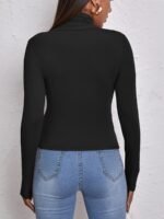 Women'S High-Neck Long Sleeve Crop Top - Stretchy Black Polyester Blend, Casual Chic Fit With Button Detail, Perfect For Fall/Winter, Casual Chic Top|Minimalist Style|Polyester Blend - Image 3