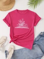 Book & Floral Print Crew Neck T-Shirt, Casual Short Sleeve T-Shirt For Spring & Summer, Women'S Clothing - Image 2