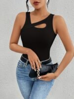 Women'S Sexy Slim Fit Sleeveless Boat Neck Tank Top - Stretchy Knit Fabric With Keyhole Cutouts, All-Season Versatile Wear, Machine Washable Solid Color, Ladies Tank Tops - Image 3