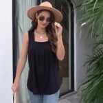 Plus Size Casual Tank Top, Women'S Plus Solid Pleated Square Neck Medium Stretch Tank Top - Image 11