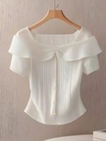 Women'S Summer Short Sleeve Top - Elegant Middle Eastern-Inspired Button-Front Design, Lightweight Breathable Fabric, Machine Washable Solid Color Blouse For Casual & Formal Wear, Versatile Clothing, Sophisticated Style, Ribbed Texture, Stylish Women - Image 4