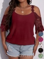 Plus Size Elegant Blouse, Women'S Plus Solid Contrast Floral Jacquard Cold Shoulder Semi Sheer Short Sleeve Top - Image 3