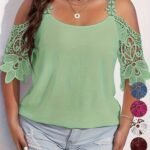 Plus Size Elegant Blouse, Women'S Plus Solid Contrast Floral Jacquard Cold Shoulder Semi Sheer Short Sleeve Top