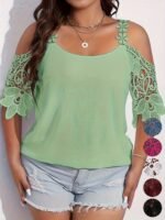 Plus Size Elegant Blouse, Women'S Plus Solid Contrast Floral Jacquard Cold Shoulder Semi Sheer Short Sleeve Top