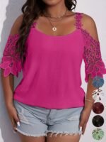 Plus Size Elegant Blouse, Women'S Plus Solid Contrast Floral Jacquard Cold Shoulder Semi Sheer Short Sleeve Top - Image 4
