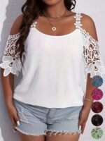 Plus Size Elegant Blouse, Women'S Plus Solid Contrast Floral Jacquard Cold Shoulder Semi Sheer Short Sleeve Top - Image 5